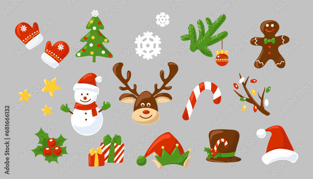 Set of cute Christmas elements. Objects isolated on gray background. Symbols of winter holidays. Christmas tree, moose, snowman, candy cane, holly berries, Santa's hat and others. Vector.