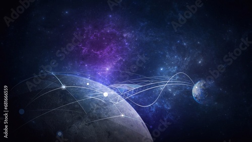 Obraz na plátně Futuristic background of abstract lines bridging the gap and connect two planets