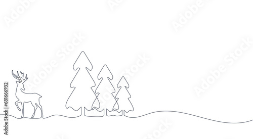 Santa's deer, elk, Christmas tree, background in one line style. New Year and Christmas background in minimalistic style. Hand painting. For printing, design, greetings and mood. Vector