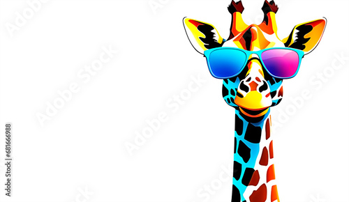 Illustration of a funny giraffe wearing sunglasses isolated on white background. Copy space. Trendy design. Pop art. photo