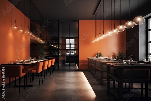 Cozy interior of restaurant in orange colors. Traditional dining place