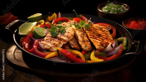 Chicken Fajitas, a sizzling platter of seasoned chicken, colorful peppers, and onions