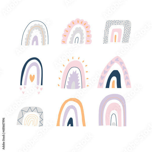 Creative rainbows set with hearts, drops. Childish print for apparel, poster, nursery decoration. Vector illustration