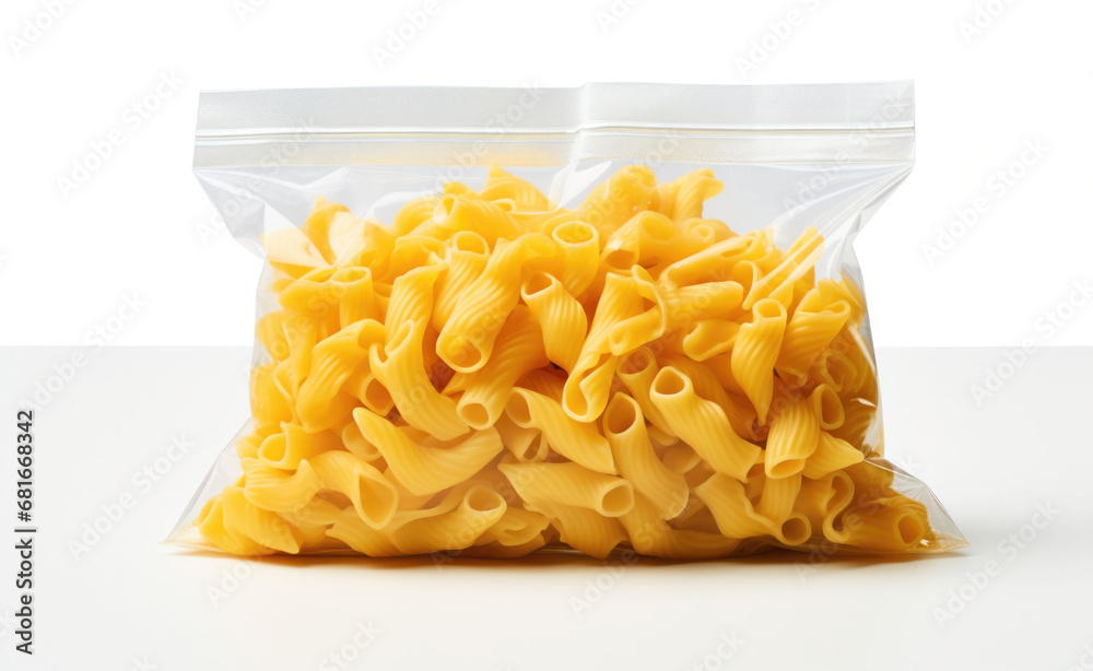 Transparent bag of uncooked macaroni on a white surface, a staple for home-cooked meals and pasta dishes. Transparent bag of uncooked macaroni on a white surface, a staple for home-cooked meals and pasta dishes.