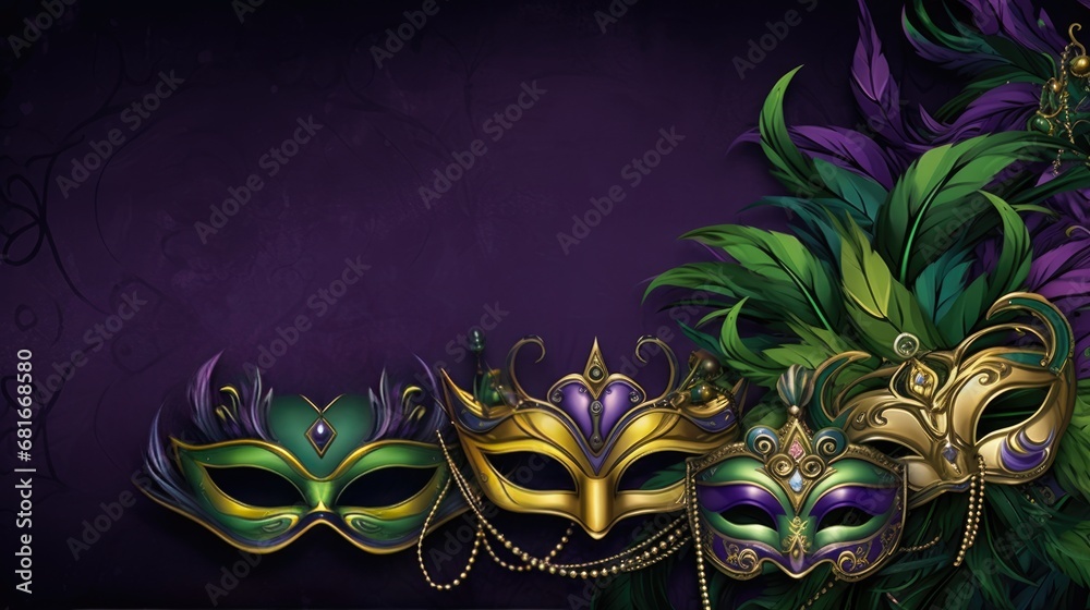 Mardi Gras Venetian masks in golden purple green colors background. Festive colorful Carnival Mardi Gras masquerade mask design for banner, greeting card, prints, poster, party invitation, flyer.. - obrazy, fototapety, plakaty 