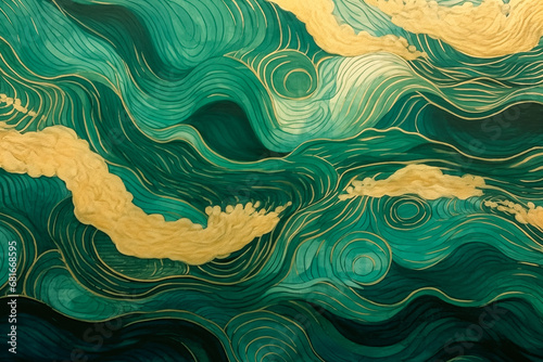 Magical fairytale ocean waves art painting. Unique green and gold wavy swirls of magic water. Fairytale navy and yellow sea waves. Children’s book waves, kids nursery cartoon illustration by Vita
