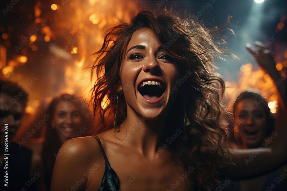 Vibrant crowd, dancing under neon lights, radiates joy. nightlife and entertainment concept