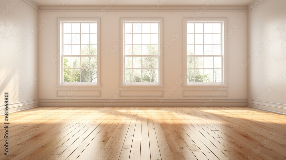 Obraz premium Generative AI, Light empty modern room with wooen floor and glare from the window, interior background for the presentation