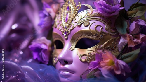 Mardi Gras Venetian masks in golden purple green colors background. Festive colorful Carnival Mardi Gras masquerade mask design for banner, greeting card, prints, poster, party invitation, flyer.. photo