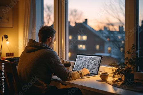Man is working at computer, laptop, in modern apartment at desk near window with scenic city view. Remote work from home, telecommuting, freelance.