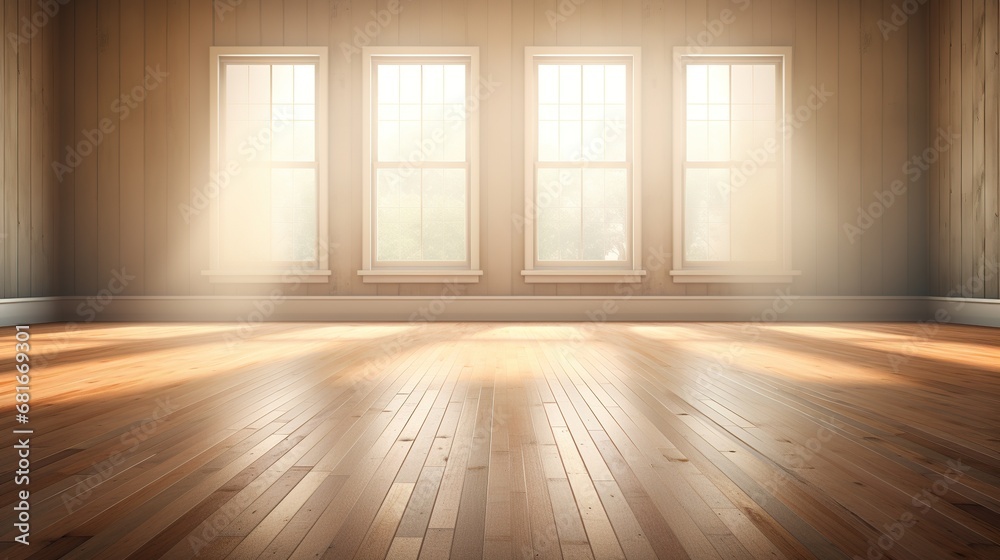 Generative AI, Light empty modern room with wooen floor and glare from the window, interior background for the presentation Generative AI, Light empty modern room with wooen floor and glare from the window, interior background for the presentation