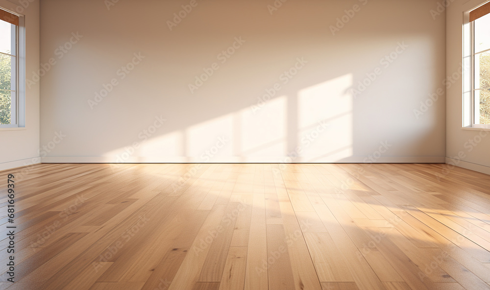 Generative AI, Light empty modern room with wooen floor and glare from the window, interior background for the presentation Generative AI, Light empty modern room with wooen floor and glare from the window, interior background for the presentation