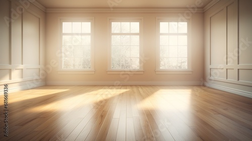 Generative AI  Light empty modern room with wooen floor and glare from the window  interior background for the presentation