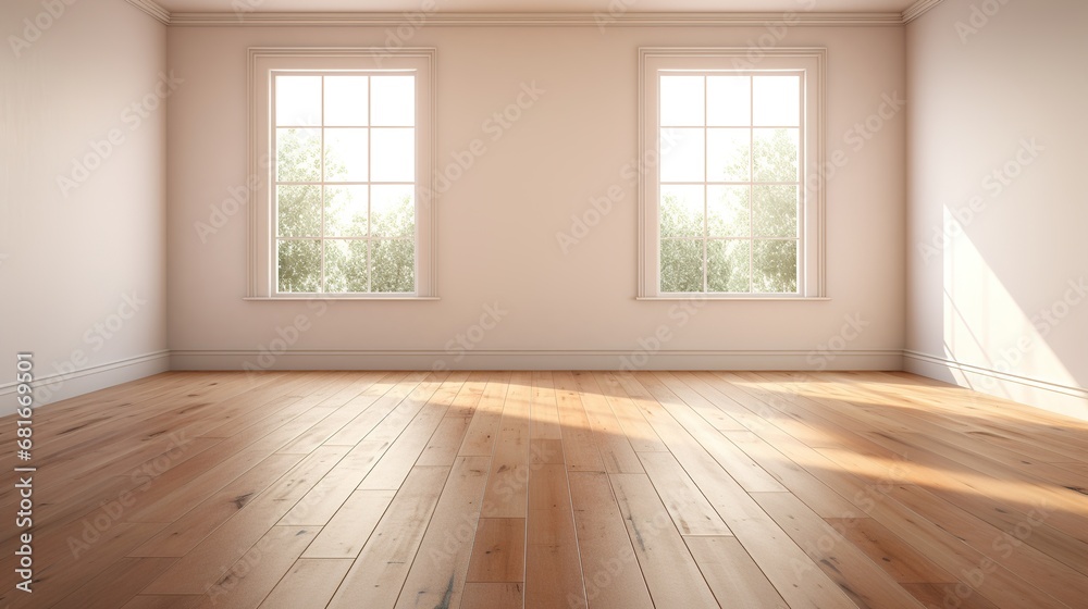 Fototapeta premium Generative AI, Light empty modern room with wooen floor and glare from the window, interior background for the presentation