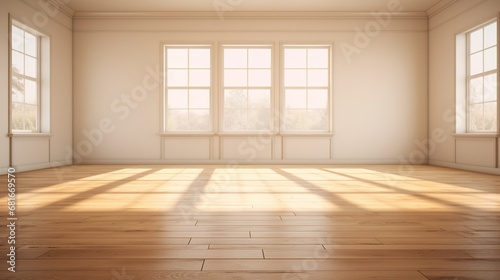 Generative AI, Light empty modern room with wooen floor and glare from the window, interior background for the presentation