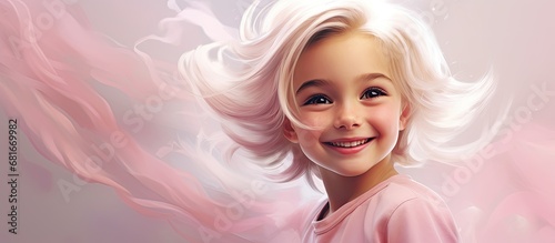 background of the isolated school, a girl with white hair wears a cute pink dress, her happy face adorned with a big smile, creating a portrait of a cheerful and adorable child.