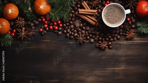 Christmas coffee with nobilis branches ruddy balls Christmas welcoming card happy new year see from over level lay