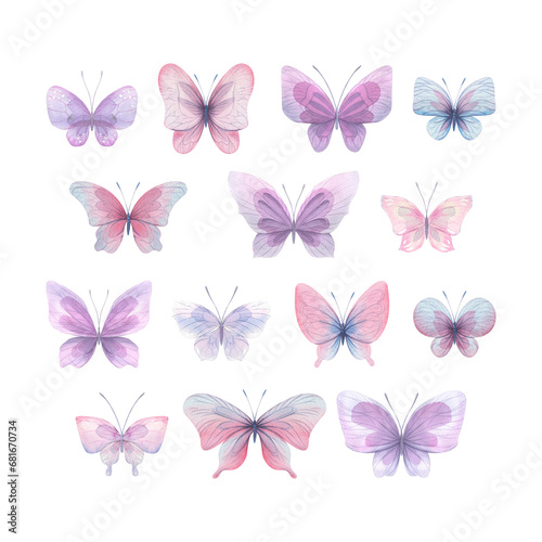 Butterflies are pink, blue, lilac, flying, delicate with wings and splashes of paint. Hand drawn watercolor illustration. Set of isolated elements on a white background, for design © NATASHA-CHU