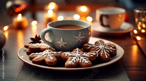 A bowl full of christmas gingerbread on the table driven an approach wreath and two glasses with coffee punch or tea