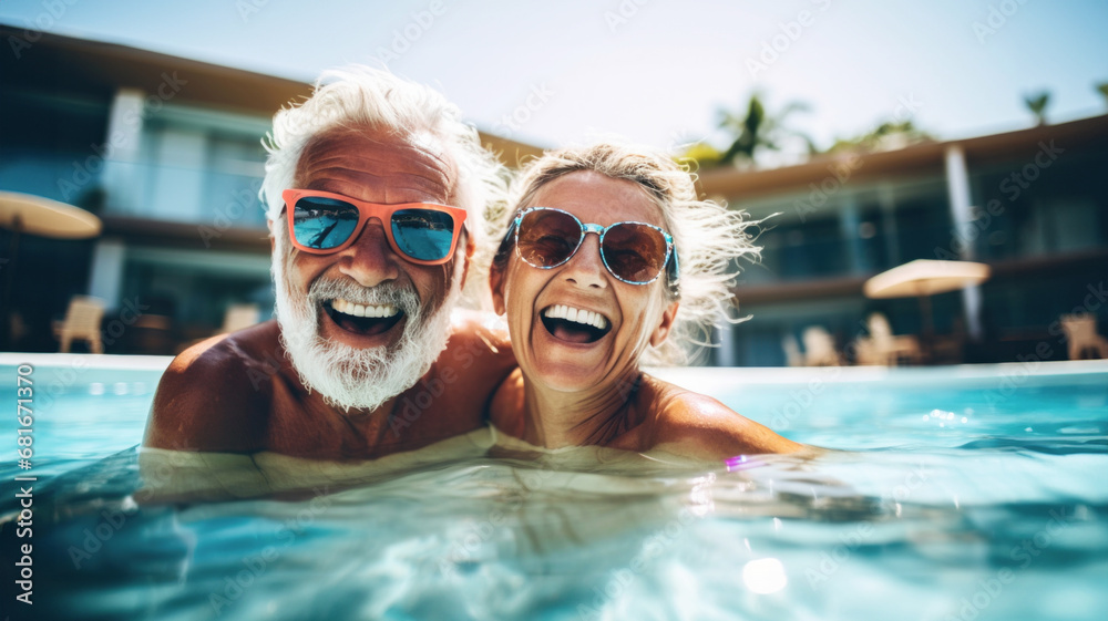 Jubilant senior couple shares a laugh while enjoying a leisurely swim in a sunlit pool at a tropical resort with greenery of palm trees, carefree and active retirement. Moment of pure holiday bliss