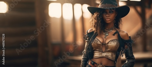 A Beautiful Badass African Cowgirl - Amazing Black Cowgirl Background - Clothes are in the Raw, Tough and Grunge Style - African Cowgirl Wallpaper created with Generative AI Technology