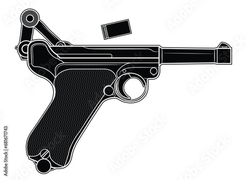 Vector illustration of the P08 Luger german automatic pistol with the breech in the rear position and the cartridge case falling out on the white background. Black. Right side.