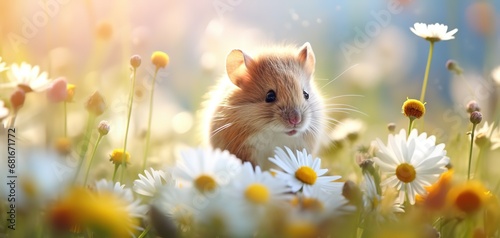 cute baby hamster in flower field, dreamy atmosphere background wallpaper, Generative Ai photo