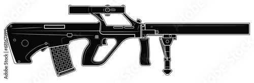 Vector illustration of the austrian bullpup automatic rifle with silencer and bipod on the white background. Black. Right side. photo
