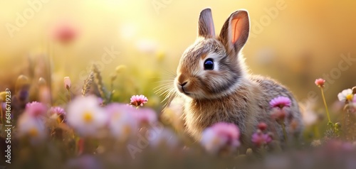 cute baby rabbit in flower field, dreamy atmosphere background wallpaper, Generative Ai