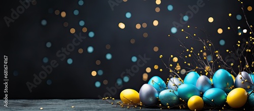 In a modern concept, the creative designer carefully painted a black background for the Easter banner, incorporating a bokeh effect with blue and light spring colors, bringing a festive and