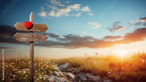 Rustic wooden signpost pointing towards love and happiness.