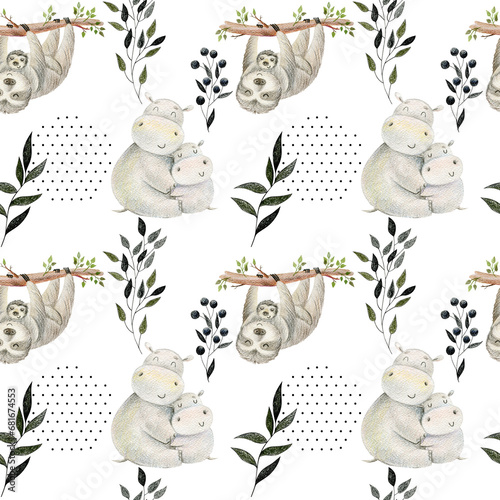 Seamless pattern. Watercolor animals mom and babies