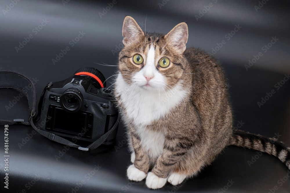 Cat with a camera on a black background. Pet photo for advertising. Cat with a camera on a black background. Pet photo for advertising.