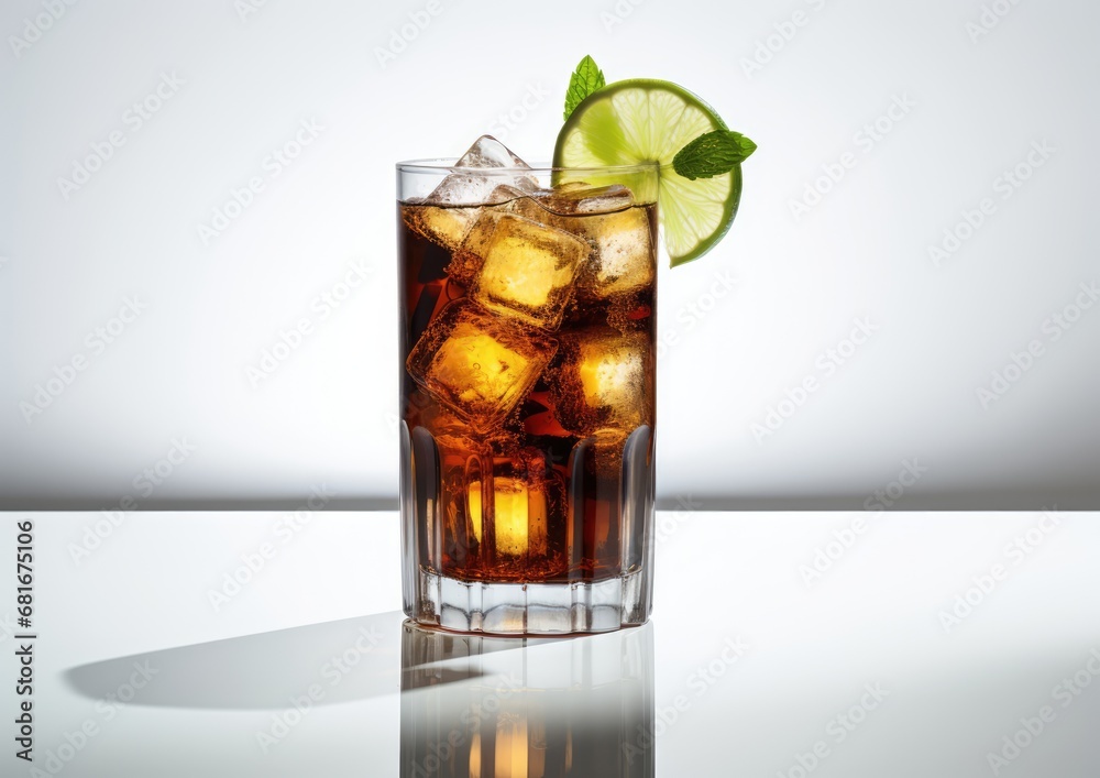 A minimalist image of a Cuba Libre cocktail, with a single glass placed on a clean, white surface. A minimalist image of a Cuba Libre cocktail, with a single glass placed on a clean, white surface.