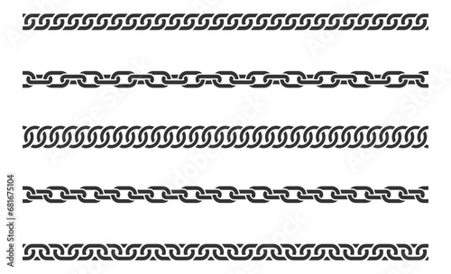 Set seamless chain link. Different chains silhouette black and white isolated on background. Chainlet line design elements.