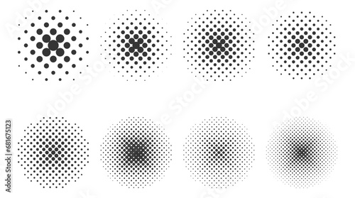 Set of halftone pattern for comics. Design elements isolated on white. Vector illustration.