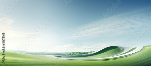 In a field of lush green grass, an abstract design of lines stretches across the landscape, guiding the eye towards a winding road. As the light shines, the creative wallpaper of curved lines on the photo