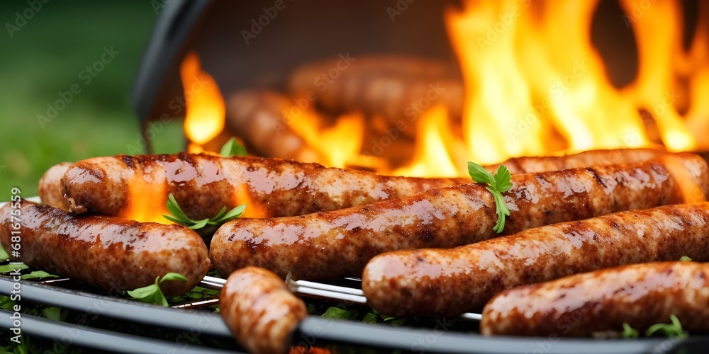 Barbecue Tuscan seasoned sausage grilling and Succulent roasting on bokeh lights night background 