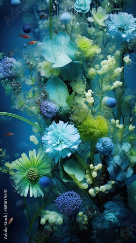 Magical underwater photography of cool tones blues and greens. Unique aquatic floral design with small fish. Vertically oriented. 
