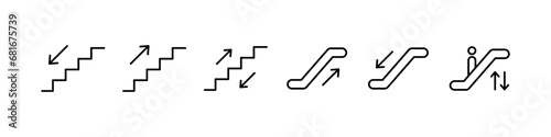 Escalator elevator icon set. Escalator lift icon. Direction staircase sign collection