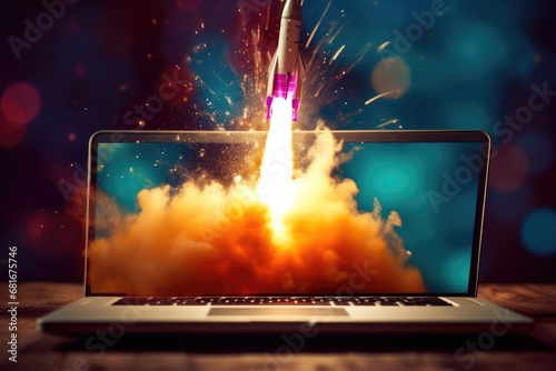 Rocket coming out of laptop screen. beautiful Generative AI AIG32