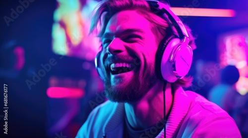 candid shot of an excited young scandinavian man party with headphones. beautiful Generative AI AIG32