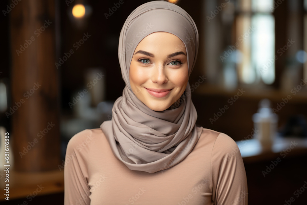 Hijab Chic: Beautiful Smile on a Muslim Woman in Traditional Headwear Hijab Chic: Beautiful Smile on a Muslim Woman in Traditional Headwear