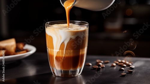 Pouring sweet coffee latte with caramel syrup
