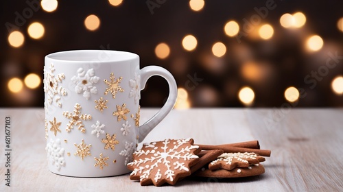 Set with white mug. the mug with the christmas beautifications and cookie on edge