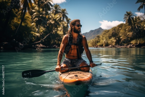 Hawaii beach fitness watersport man with paddle board doing stand up paddle boarding in water
