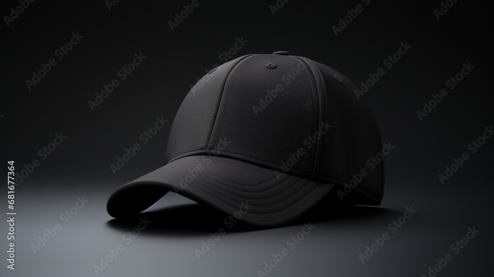 Casquette noire posée sur un fond noir uni. Vue de profil. Mode, sport, chapeau. Pour conception et création graphique - obrazy, fototapety, plakaty 