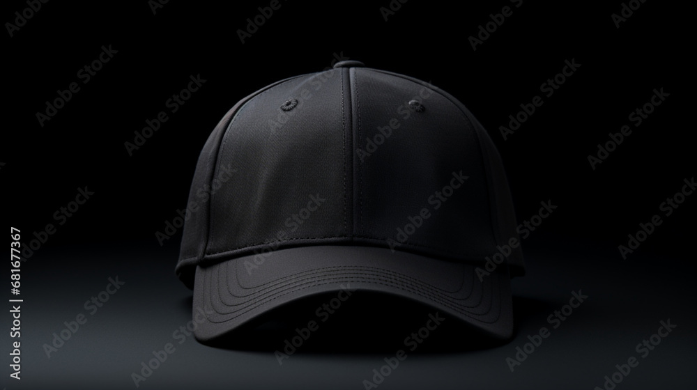 Casquette noire posée sur un fond noir uni. Vue de face. Mode, sport, chapeau. Pour conception et création graphique - obrazy, fototapety, plakaty 