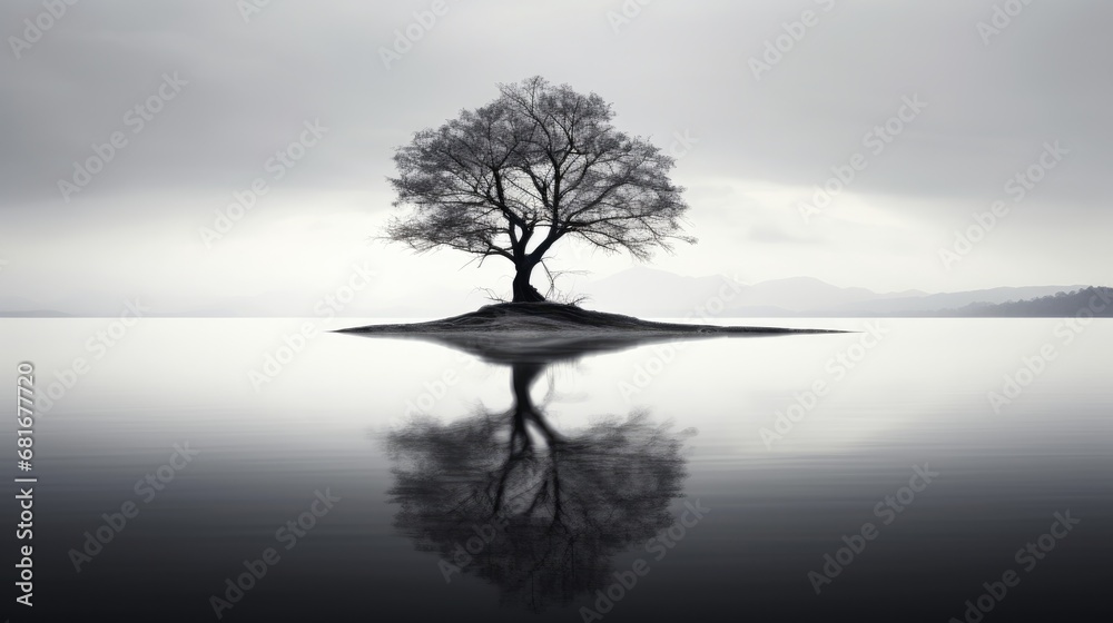 Solitary Reflection: Lone Tree in Monochrome Waterscape
Solitary Reflection: Lone Tree in Monochrome Waterscape