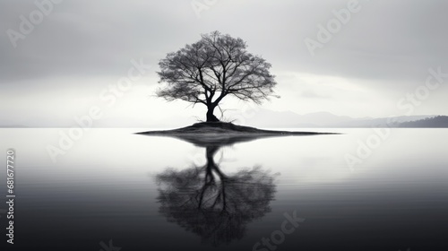 Solitary Reflection: Lone Tree in Monochrome Waterscape 
